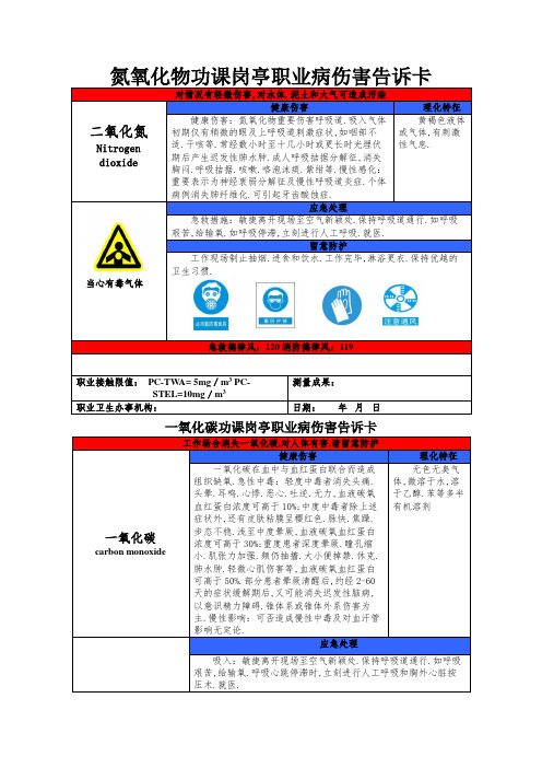 氮氧化物、一氧化碳、铜烟、工频电场职业病危害告知卡