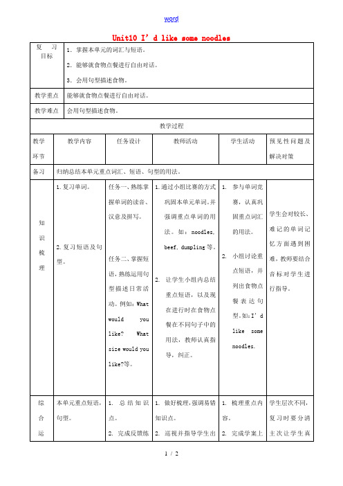 七年级英语下册 Unit 10 I'd like some noodles复习课导学案 (新版)人教