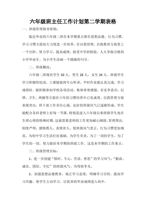 2021年度六年级班主任工作计划第二学期表格