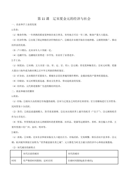 第11课 辽宋夏金元的经济与社会-高一历史新教材考前知识必背