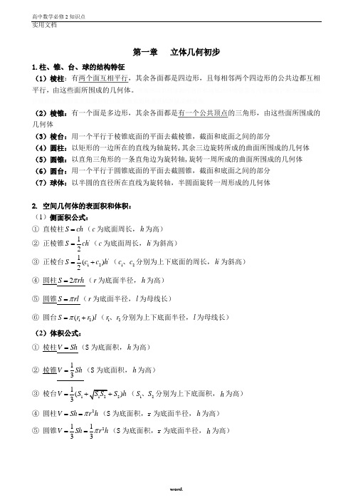 人教版数学必修2立体几何初步知识点