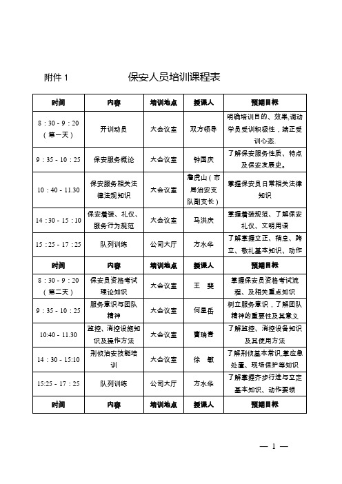 保安培训课程表(完整版)【范本模板】