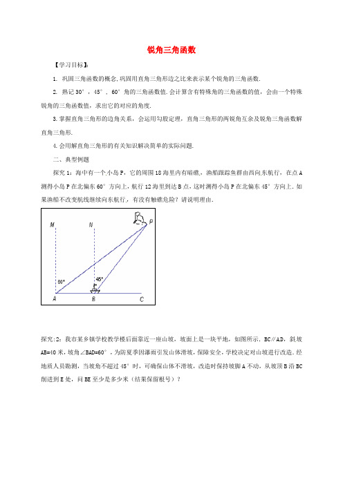 江苏省徐州市铜山县九年级数学下册7.6用锐角三角函数解决问题锐角三角函数复习导学案2(无答案)(新版)苏