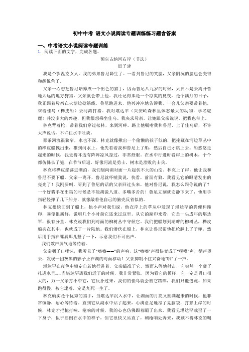 初中中考 语文小说阅读专题训练练习题含答案