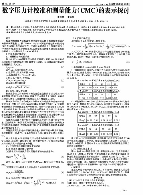 数字压力计校准和测量能力(CMC)的表示探讨