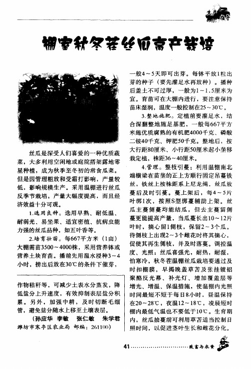 棚室秋冬茬丝瓜高产栽培