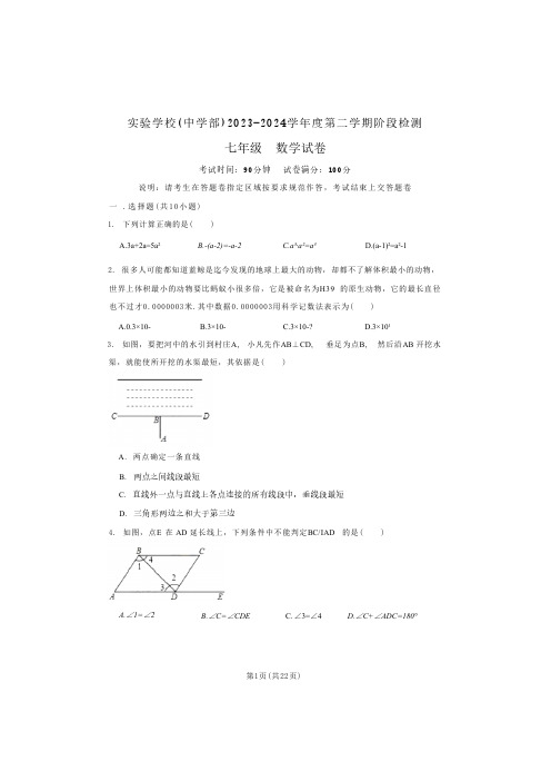 广东省深圳实验学校(中学部)2023-2024学年第二学期七年级数学期中阶段检测(含答案)