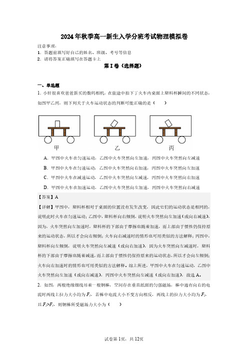 2024年秋季高一新生入学分班考试物理模拟卷-解析版