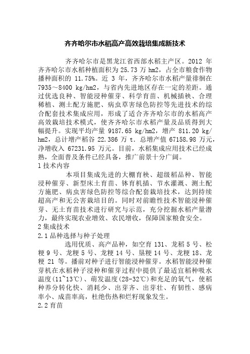 齐齐哈尔市水稻高产高效栽培集成新技术