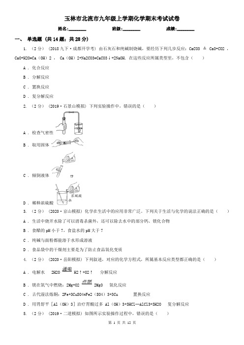 玉林市北流市九年级上学期化学期末考试试卷