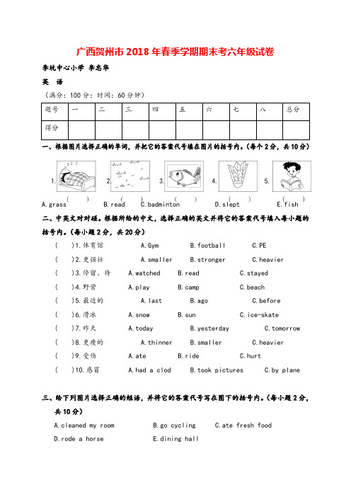 广西贺州市2018年春季学期期考六年级试卷英语