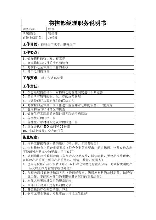 物控部岗位说明书