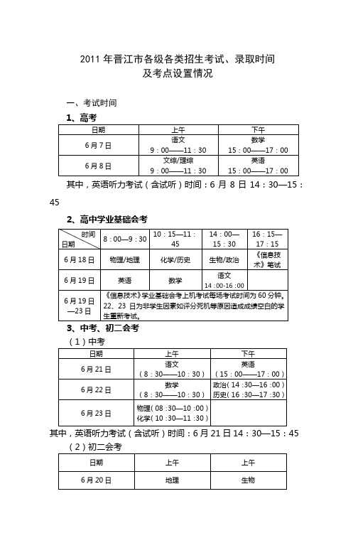 2011年晋江市各级各类招生考试录取时间