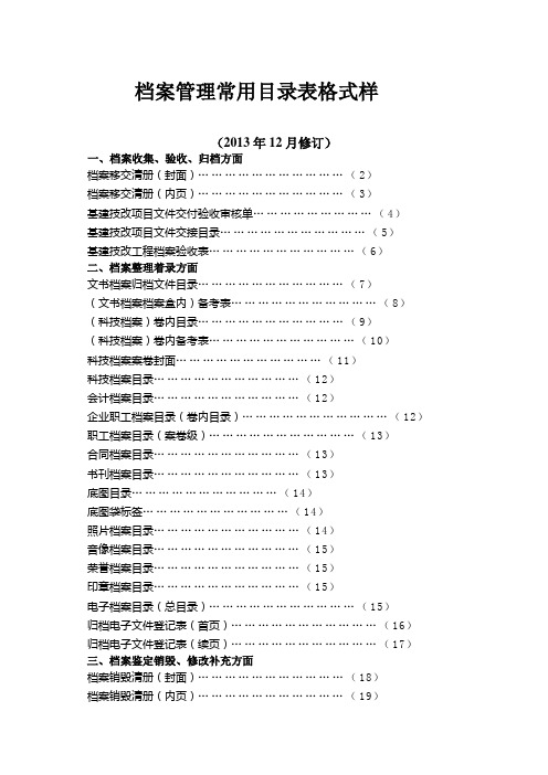 档案管理常用目录表格式样