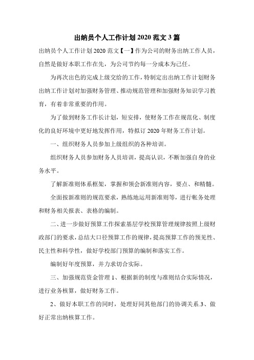 出纳员个人工作计划2020范文3篇