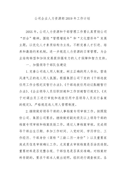公司企业人力资源部2019年工作计划