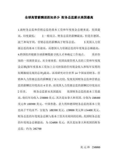 全球高管薪酬差距知多少 财务总监薪水美国最高