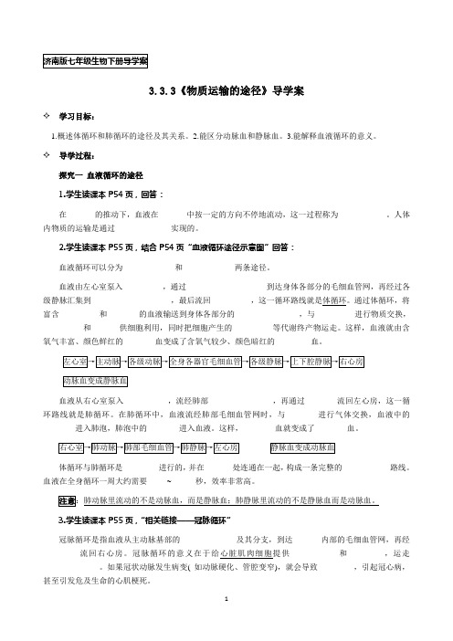 济南版七年级生物下册3.3.3《物质运输的途径》导学案