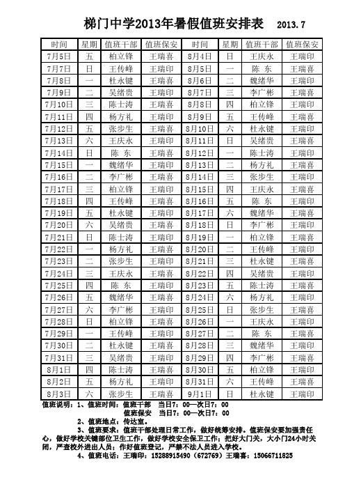 梯门中学2013年暑假值班表