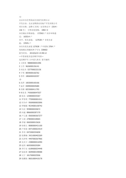 金隅,汇星苑摇号结果