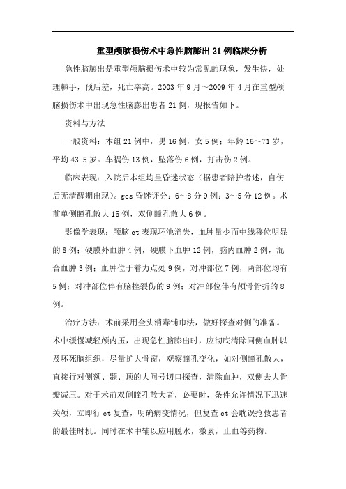 重型颅脑损伤术中急性脑膨出21例临床论文