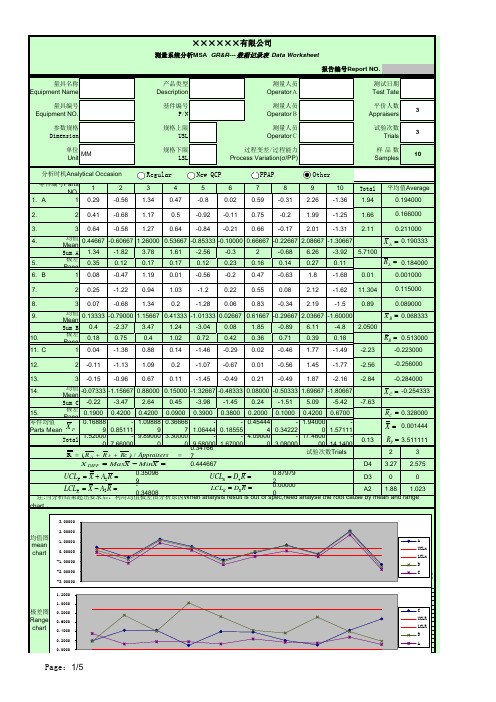 MSA计量型测量系统分析GRR表格(全公式自动生成未加密)