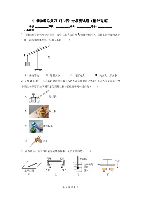 中考物理总复习《杠杆》专项测试题(附带答案)