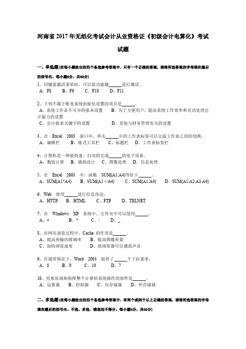 河南省2017年无纸化考试会计从业资格证《初级会计电算化》考试试题