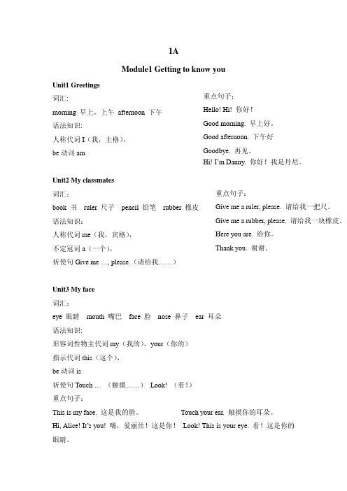 上海牛津英语1A知识点
