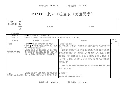 iso9001-内审检查表(带完整审核记录)-非常好之欧阳美创编