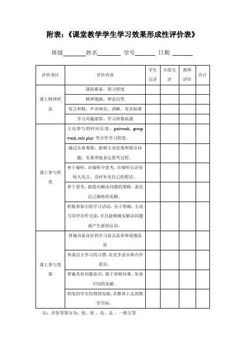 课堂教学学生学习效果形成性评价表