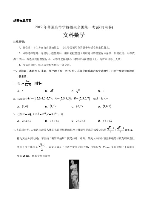 (精校版)2019年河南文数高考试题文档版(含答案解析)