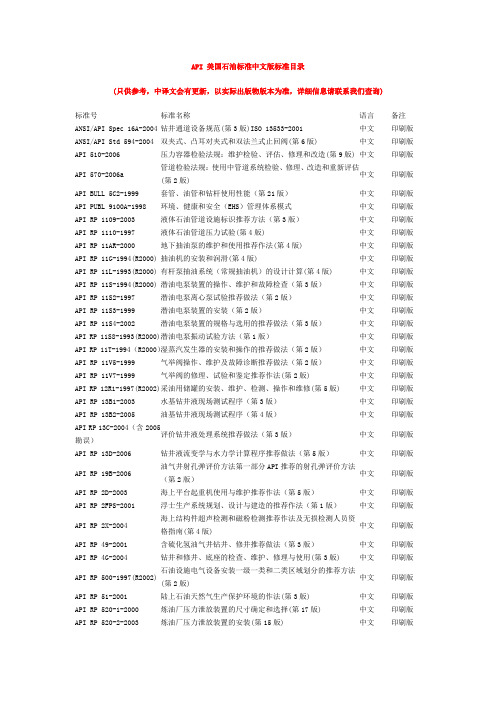 API 美国石油标准中文版标准目录