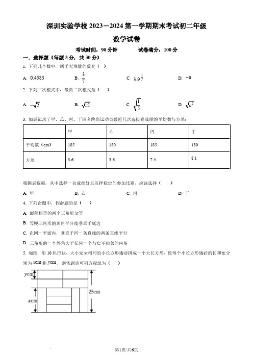 广东深圳实验学校2023-2024学年八年级上学期期末数学试题(原卷版+解析)