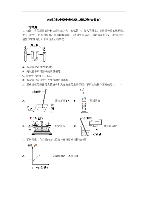 苏州立达中学中考化学二模试卷(含答案)