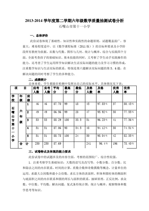 2013-2014学年度第二学期六年级数学质量抽测试卷分析