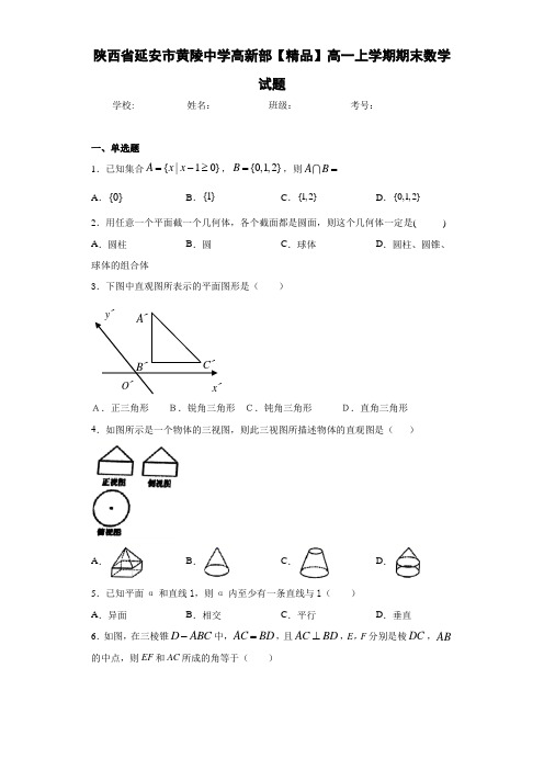 高中陕西省延安市黄陵中学高新部高一上学期期末数学试题