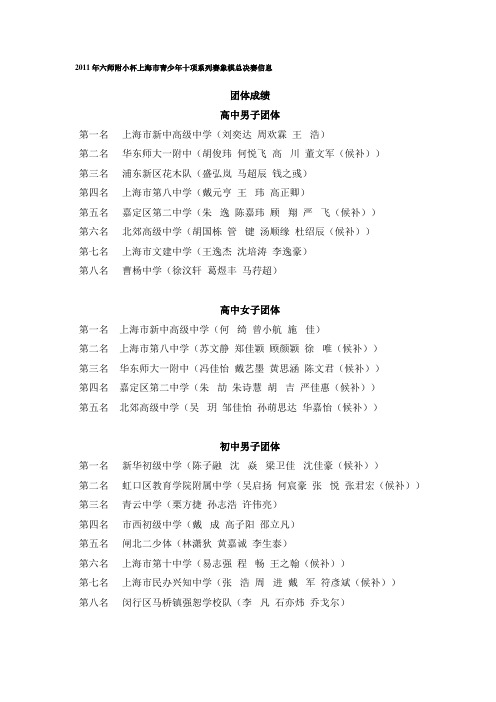 2011年六师附小杯上海市青少年十项系列赛象棋总决赛信息