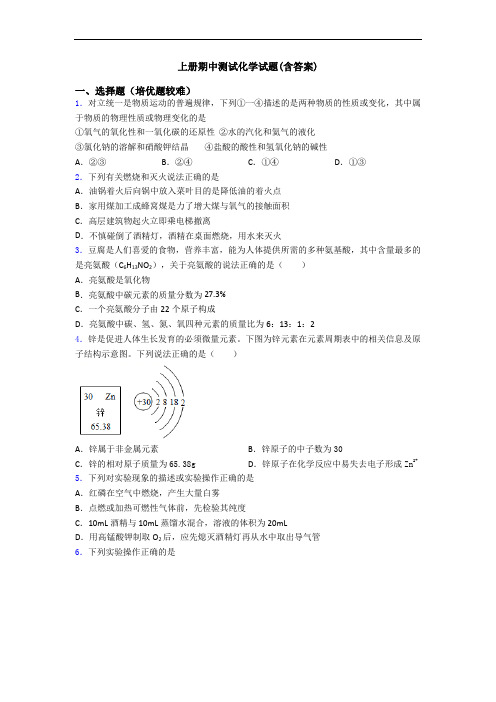 上册期中测试化学试题(含答案)