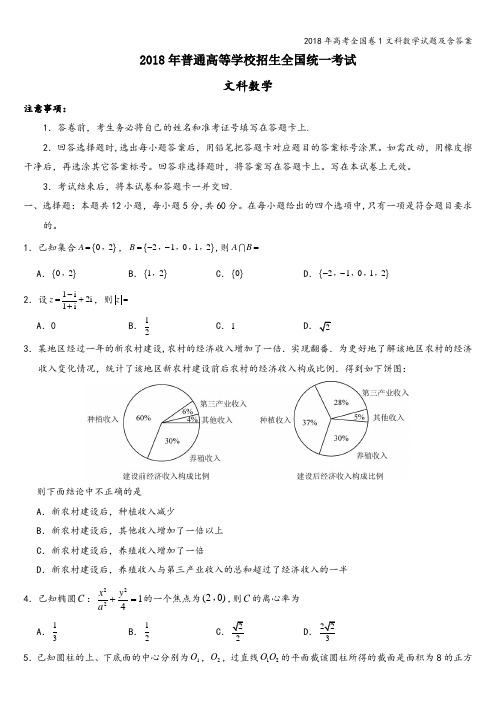2018年高考全国卷1文科数学试题及含答案