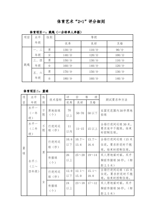 体艺“2+1” 评分细则