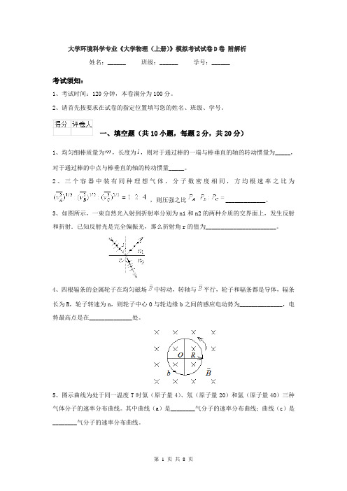 大学环境科学专业《大学物理(上册)》模拟考试试卷D卷 附解析