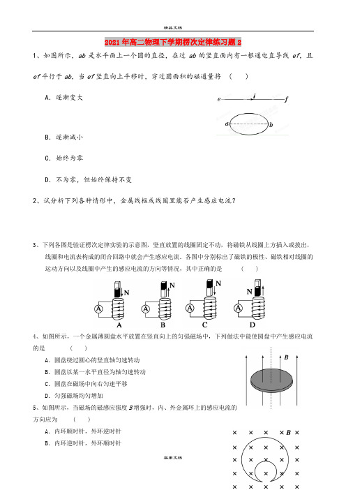 2021年高二物理下学期楞次定律练习题2