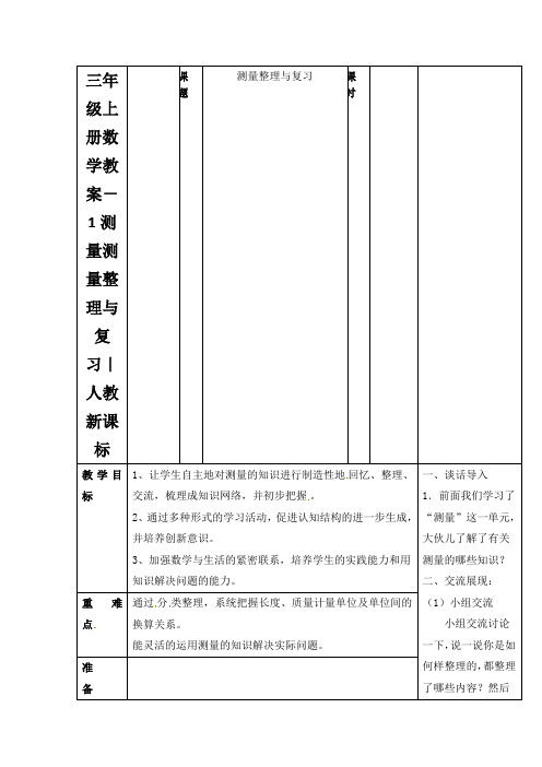 三年级上册数学教案-1测量测量整理与复习｜人教新课标