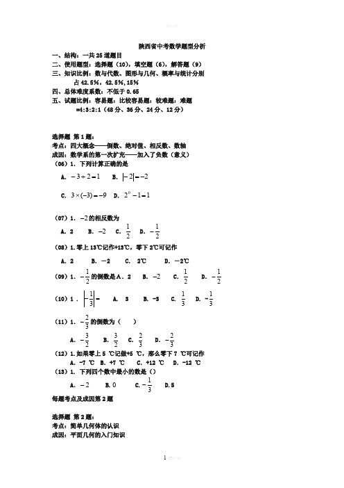 陕西省中考数学题型分析