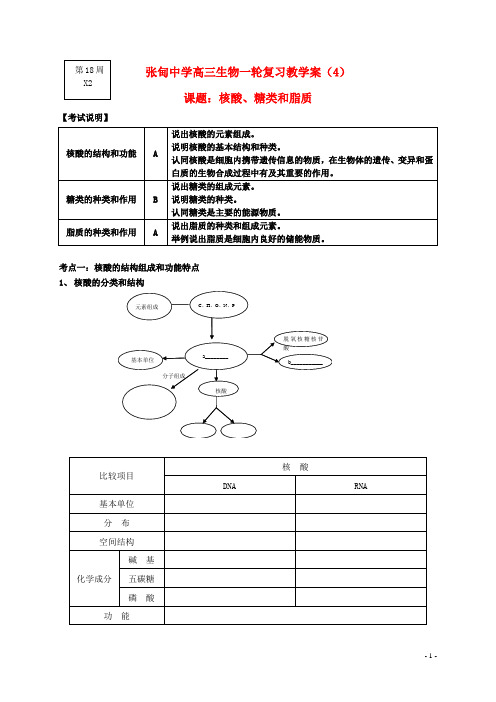 江苏省姜堰张甸中学高三生物一轮复习 核酸、糖类和脂质教学案(无答案) 新人教版
