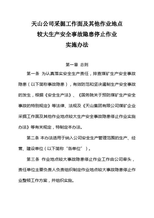 天山公司采掘工作面及其他作业地点较大生产安全事故隐患停止作业实施办法