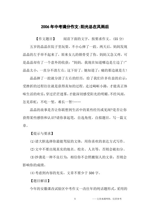 2006年中考满分作文-阳光总在风雨后_初中生