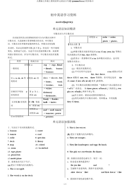 人教版七年级上册英语单元语法小专题(grammarfocus)同步练习