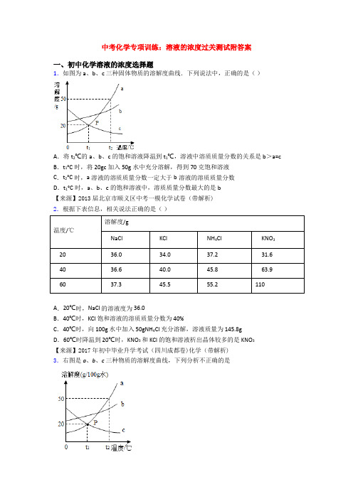 中考化学专项训练：溶液的浓度过关测试附答案